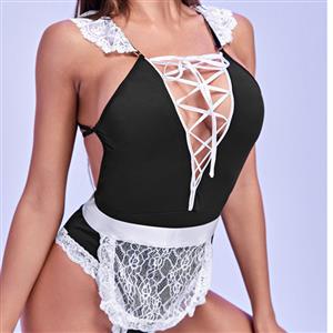 Sexy Black & White French Maid Deep V Temptation Lace Teddy Lingerie Cosplay Costume N21006