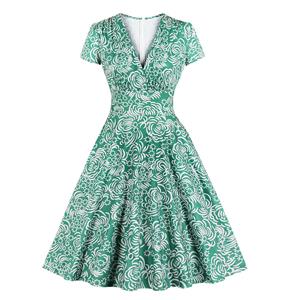 Sexy Swing Dress,Plus Size Summer Dress,Floral Print Dresses for Women,High Waist Dresses for Women,Deep-V Dress for Women, #N19407
