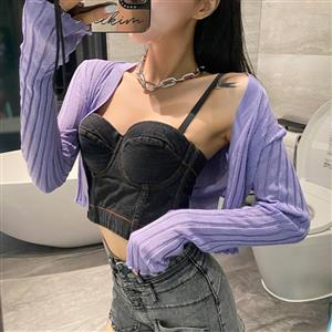 Sexy Black Spaghetti Straps Denim Bar Plastic Bone Bustier Clubwear Crop Top N21019