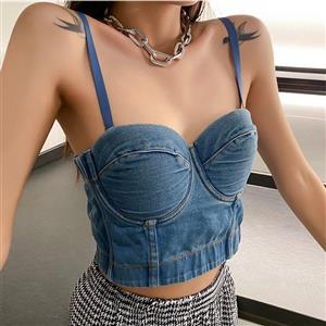 Sexy Blue Spaghetti Straps Denim Bar Plastic Bone Bustier Clubwear Crop Top N21020