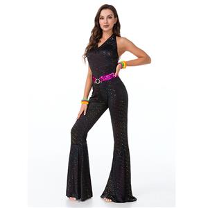 70s Disco Dancing Queen Halter Stretchy Jumpsuit Adult Cosplay Costume Bell-bottoms Outfit N21514