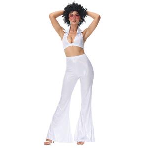 70s Disco Dancing Queen Halter Bra Top and Bell-bottoms Trousers Adult Cosplay Costume N22022