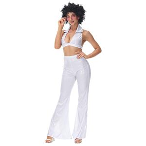 70s Disco Dancing Queen Halter Bra Top and Bell-bottoms Trousers Adult Cosplay Costume N22022