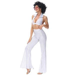 70s Disco Dancing Queen Halter Bra Top and Bell-bottoms Trousers Adult Cosplay Costume N22022