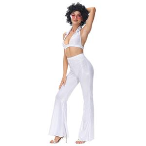 70s Disco Dancing Queen Halter Bra Top and Bell-bottoms Trousers Adult Cosplay Costume N22022