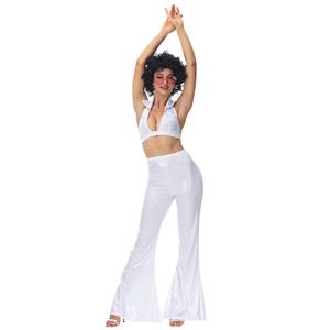 70s Disco Dancing Queen Halter Bra Top and Bell-bottoms Trousers Adult Cosplay Costume N22022