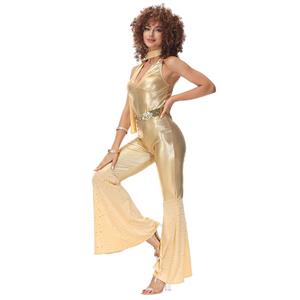 3pcs Disco Shining Dancing Queen Halter Bell-bottoms Jumpsuit Stretchy Adult Cosplay Costume N22023
