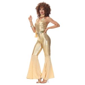 3pcs Disco Shining Dancing Queen Halter Bell-bottoms Jumpsuit Stretchy Adult Cosplay Costume N22023