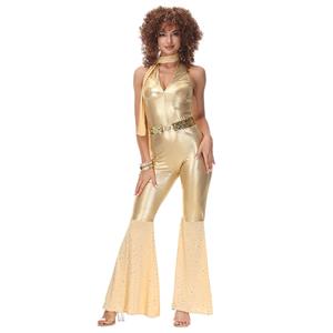 3pcs Disco Shining Dancing Queen Halter Bell-bottoms Jumpsuit Stretchy Adult Cosplay Costume N22023