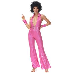 3pcs Disco Dancing Queen Halter Bell-bottoms Jumpsuit Fancy Ball Adult Cosplay Costume N22024