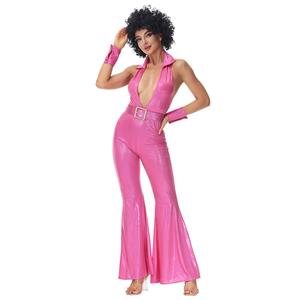 3pcs Disco Dancing Queen Halter Bell-bottoms Jumpsuit Fancy Ball Adult Cosplay Costume N22024