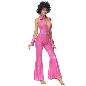 3pcs Disco Dancing Queen Halter Bell-bottoms Jumpsuit Fancy Ball Adult Cosplay Costume N22024