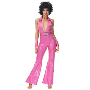 3pcs Disco Dancing Queen Halter Bell-bottoms Jumpsuit Fancy Ball Adult Cosplay Costume N22024