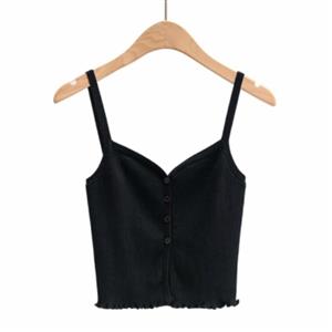 Sexy Black Spaghetti Straps V Neck Button Camisole Elasticity Knitted Vest Crop Top N21034