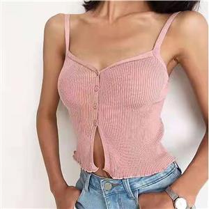 Sexy Pink Spaghetti Straps V Neck Button Camisole Elasticity Knitted Vest Crop Top N21036