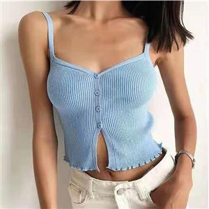 Sexy Light-blue Spaghetti Straps V Neck Button Camisole Elasticity Knitted Vest Crop Top N21037