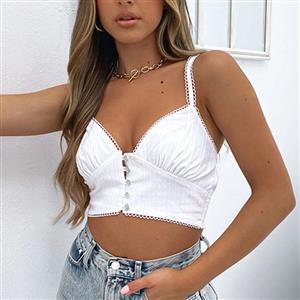 Sexy White Spaghetti Straps V Neck Button Camisoles Embroidered Lace Stitching Slim Crop Top N21108