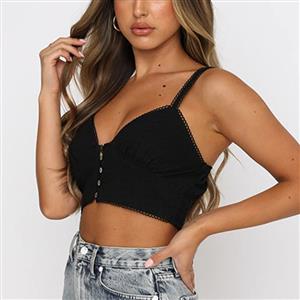 Sexy Black Spaghetti Straps V Neck Button Camisoles Embroidered Lace Stitching Slim Crop Top N21109