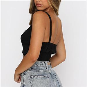 Sexy Black Spaghetti Straps V Neck Button Camisoles Embroidered Lace Stitching Slim Crop Top N21109