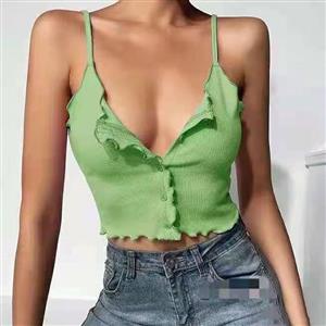 Sexy Green Spaghetti Straps Low-cut Button Camisole Elasticity Vest Ruffled Crop Top N21038