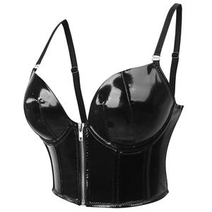 Sexy Punk Faux Leather Spaghetti Straps Bustier Zipper Clubwear Crop Top N23688