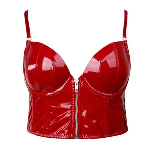 Red Strap Bustier Bra, Crop Top Vegan Leather Bustier Bra, Faux Leather Bustier Bra, Sexy Bra Top, Sexy Black Bustier #N237800