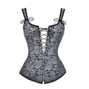 Sexy Floral Jacquard Plastic Boned Wide Straps Lace Up Bustier Vest Corset N20978