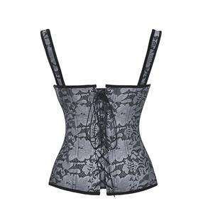 Sexy Floral Jacquard Plastic Boned Wide Straps Lace Up Bustier Vest Corset N20978