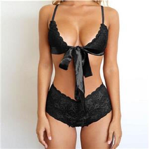 Sexy Black Floral Lace Deep V Front Cross Straps Bra And Panty Bikini Lingerie Set N21266