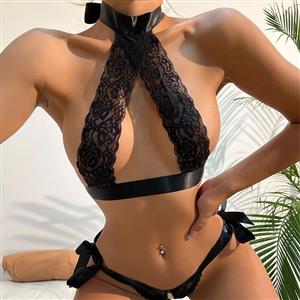 Sexy Black Floral Lace Hanging Neck Bra and Thong Lingerie Set With Head Ornament N22440