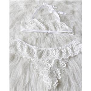 Sexy White Sheer Floral Lace Halter Demi-cup Bra and Panties Lingerie Set N19377