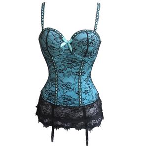 Charming Brocade Floral Lace Hemline Spaghetti Straps Stretchy Chemise Bustier Corset N19454