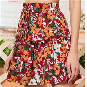 Sexy Floral Print Flared Short Skirt High Waist Pleated Mini Skater Skirt With Drawstring N20786