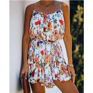 Sexy Floral Print Spaghetti Straps Backless Lace-up Ruffle Summer Mini Dress N21182