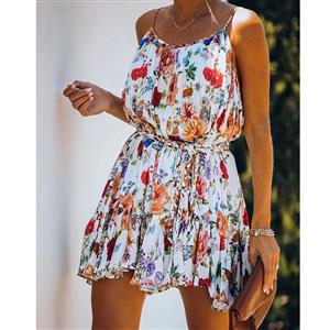 Sexy Floral Print Spaghetti Straps Backless Lace-up Ruffle Summer Mini Dress N21182
