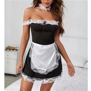 4pcs Sexy French Maid Cosplay Mini Dress Off-shoulder Babydoll Nightwear Lingerie N21931