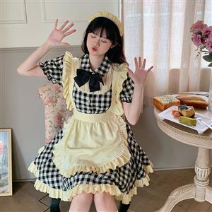 4pcs Adorable French Maid Ruffle Apron Puff Sleeve Mini Dress Anime Lolita Cosplay Costume N21828