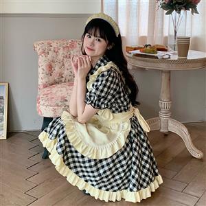 4pcs Adorable French Maid Ruffle Apron Puff Sleeve Mini Dress Anime Lolita Cosplay Costume N21828