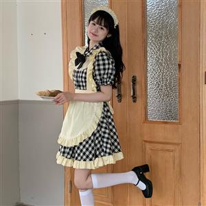 4pcs Adorable French Maid Ruffle Apron Puff Sleeve Mini Dress Anime Lolita Cosplay Costume N21828