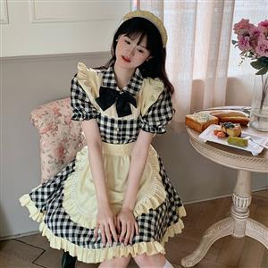 4pcs Adorable French Maid Ruffle Apron Puff Sleeve Mini Dress Anime Lolita Cosplay Costume N21828