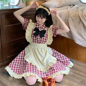 4pcs Adorable French Maid Ruffle Apron Puff Sleeve Mini Dress Anime Lolita Cosplay Costume N21829