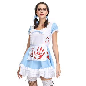 Horrible Bloody French Maid Mini Dress Blood Print Adult Zombie Halloween Cosplay Costume N19127