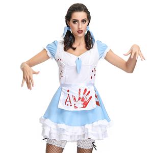 Horrible Bloody French Maid Mini Dress Blood Print Adult Zombie Halloween Cosplay Costume N19127