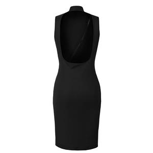 Sexy Front Zipper Revealing High Neck Backless Sleeveless Elastic Bodycon Clubwear Wrap Dress N21845