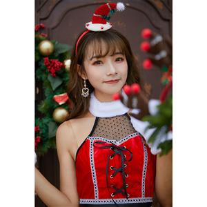 3pcs Sexy Red Girl Strapless Halter Lace-up Bodice Mini Dress Christmas Costume XT19997