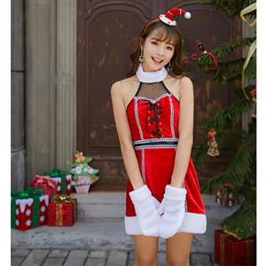 3pcs Sexy Red Girl Strapless Halter Lace-up Bodice Mini Dress Christmas Costume XT19997