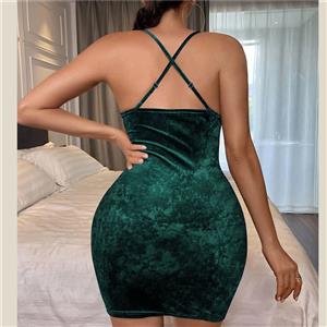 Sexy Green Canary Velvet Backless Babydoll Sleepwear Mini Dress Lingerie N23129