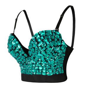 Sexy Green Sweets Studded Gem Spaghetti Straps Bustier Bra Clubwear Crop Top N22380