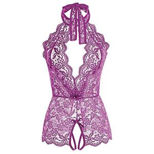 Sexy Halter Cut-out Crotchless Elastic See-through Lace Backless Bodysuit Teddies Lingerie N21965