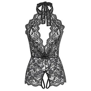 Sexy Halter Cut-out Crotchless Elastic See-through Lace Backless Bodysuit Teddies Lingerie N21966